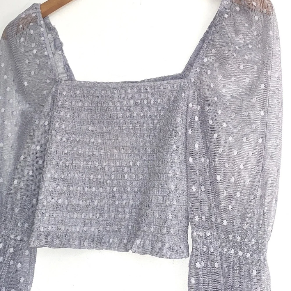 (A7) Free People Grey‎ Mesh Smocked Long Sleeve Crop Top, Size Small, NWT